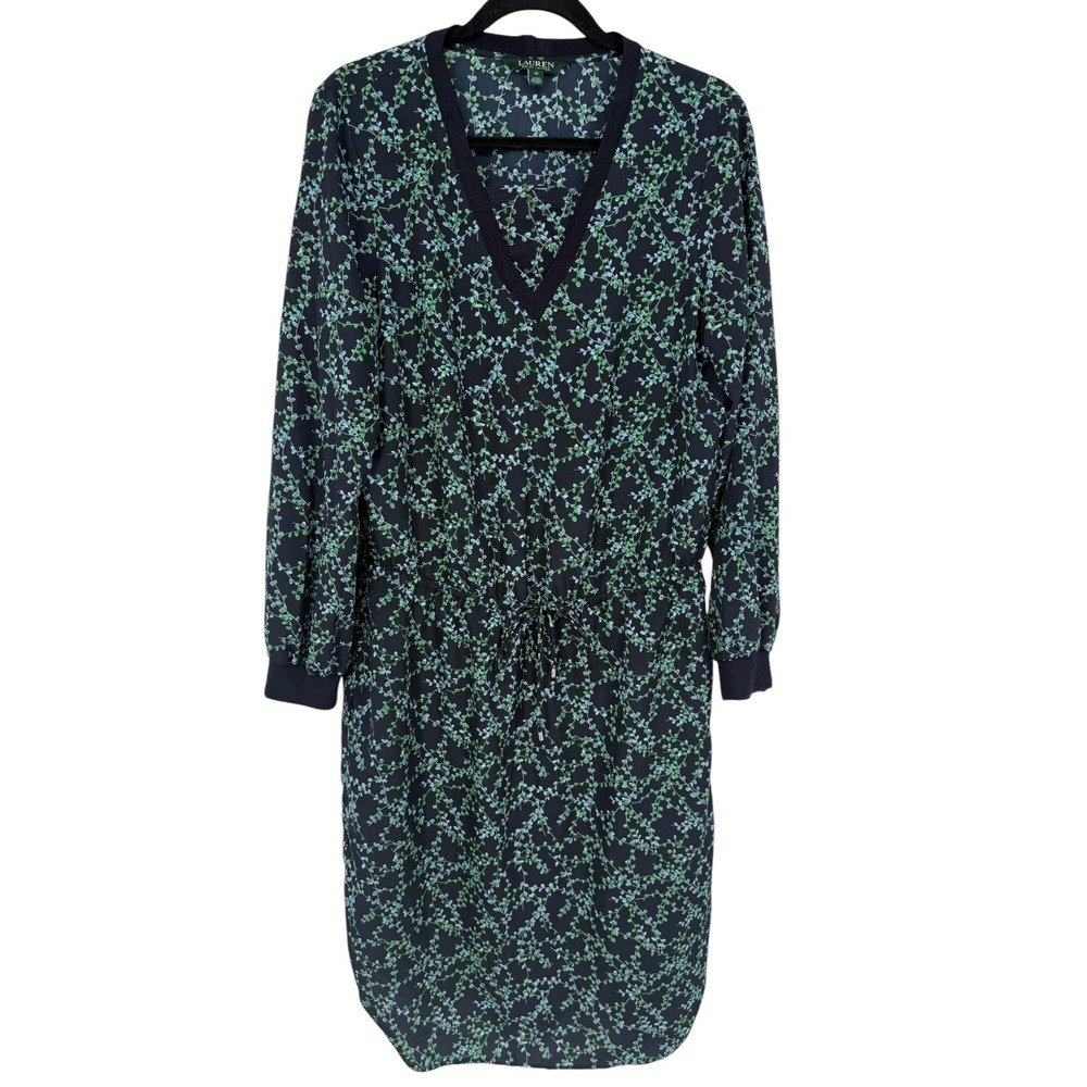 Lauren Ralph Lauren Womens Long Sleeve Floral Drawstring Waist Dress Navy Sz 10 - Picture 1 of 13